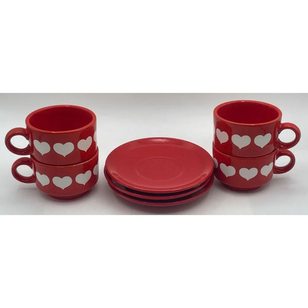 Vintage Red Heart Waechtersbach 4 Tea Cups & 3 Saucers Stackable Retired MINT